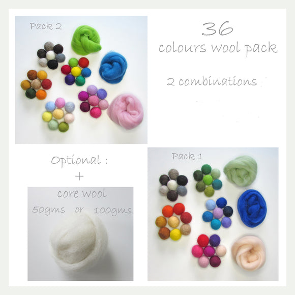 36 Colours Wool Roving Pack - 2 different combinations